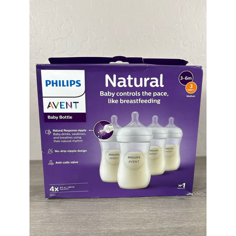 Philips Avent Natural Baby Bottle 9oz 4pk 3-6m Flow 3 Nipple SCY903/04 Clear